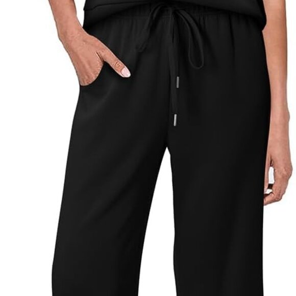 Women's Black Two Piece Summer Set with Wide Leg Crop Pants & Mock Neck Top - Picture 3 of 4